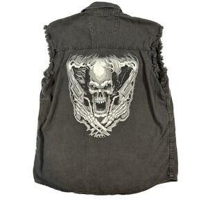 Vtg Bikers Edge Shirt Mens Large Black Sleeveless Skull Guns Graphic Frayed Vest